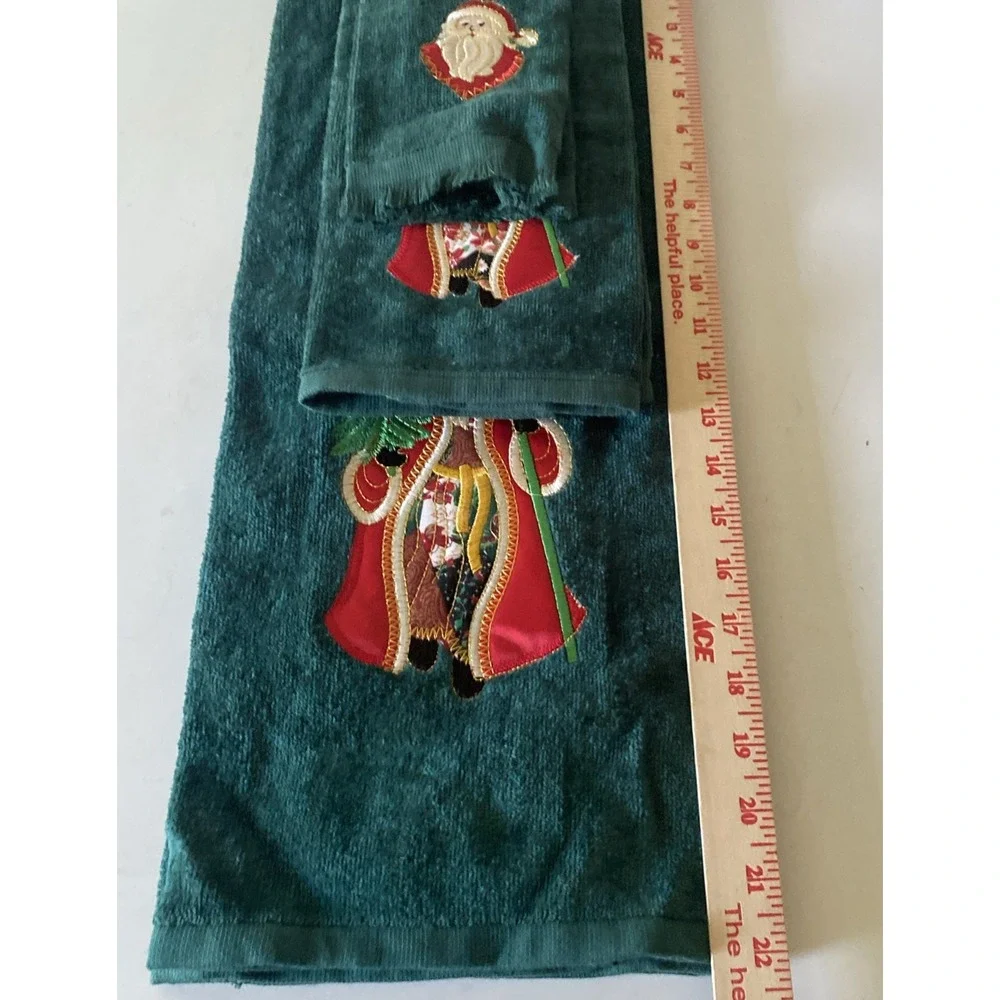 Set of 3 VTG Holiday Bathroom Towels Set Santa Claus Green Bath Hand Towel